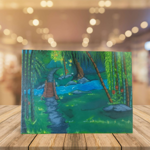 Peinture acrylique représentant un chemin dans une forêt de bambous menant à une rivière, ambiance zen et imaginaire.