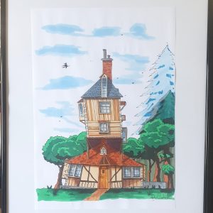 Illustration A4 aux feutres d’une maison fantastique biscornue