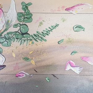 Illustration “Fleurs dans le vent” : fleurs délicates portées par la brise, composition aérienne et poétique