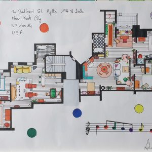 Illustration A3 aux feutres montrant deux appartements face à face