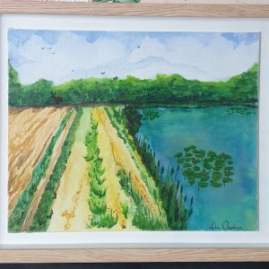 Aquarelle originale “Au bord de l’eau” – paysage campagnard frais et printanier sur carton entoilé
