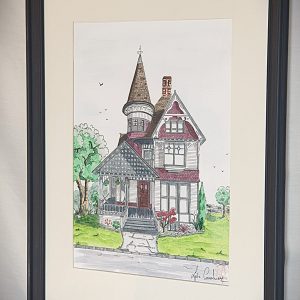 Illustration A4 aux feutres d’une maison victorienne dessinée comme un plan architectural