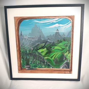 Tableau acrylique représentant une fenêtre ouverte sur un paysage de montagnes.