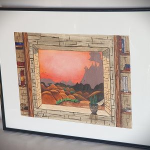 Peinture acrylique montrant une vue depuis une fenêtre sur des canyons arides aux tons ocres, inspirée d’un univers gaming.