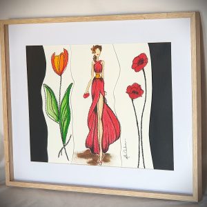 Triptyque poétique aux pastels – silhouette féminine entourée de deux fleurs
