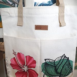 Tote bag fleur et coquillage décoré à la main – sac artisanal en toile