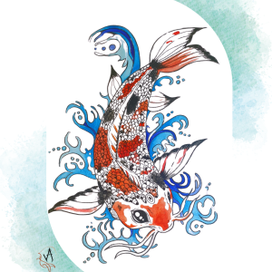 Print A4 d’une aquarelle représentant une carpe koï colorée