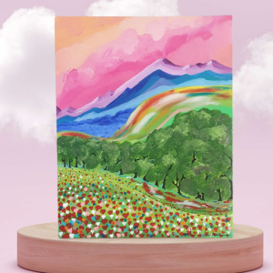 Peinture acrylique représentant un paysage onirique coloré avec un champ de fleurs en forme de cœur.